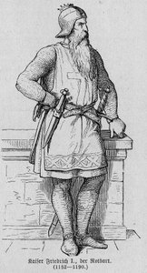 Porträt von Friedrich I. von Hohenstaufen, bekannt als Friedrich Barbarossa (1122-1190), deutscher Kaiser. Gravur in „Kaiser, König und Papst“ von Richard Roth von German School