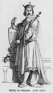 Porträt von Philipp I. von Schwaben, deutscher Kaiser, König der Römer und König von Italien. Gravur in „Kaiser, König und Papst“ von Richard Roth von German School
