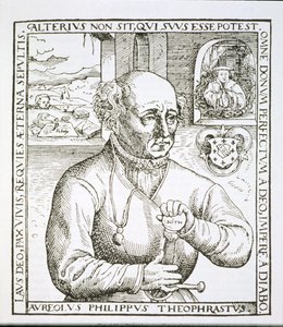Porträt von Theothrastus Paracelsus (1493-1541), Kopie einer Illustration aus seinem Buch Astronomica et Astrologica Pouscula, Köln 1567, verwendet in einer Geschichte der Magie, veröffentlicht im späten 19. Jahrhundert von German School