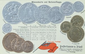 Postkarte, die britische Währung und ihre Entsprechungen in anderen europäischen Währungen zeigt, ca. 1905 von German School