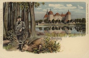 Postkarte mit einem Mann und einem erlegten Hirsch vor dem Schloss Moritzburg von German School