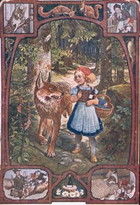 Postkarte mit Szenen aus Rotkäppchen, ca. 1910
