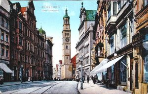 Postkarte, die die Karolinenstraße in Augsburg darstellt, ca. 1910 von German School