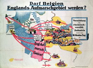 Plakat, das die deutsche Angst vor dem geplanten Bau eines Kanaltunnels zwischen Belgien und England ausdrückt, ca. 1914-18