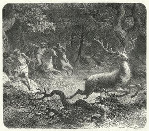 Prähistorische Menschen nutzen Pferde zur Jagd (Stich) von German School
