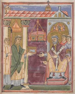 Priester präsentiert ein Buch [an St. Augustinus?]