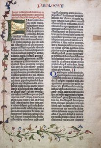 Prolog-Folio mit goldenen und grünen Buchstaben "F" und Rand aus Blättern, Blumen, Ranken und Vogel, 1455 von German School
