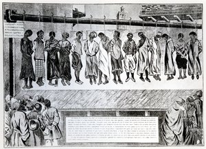 Öffentliche Hinrichtung von Bürgern von Tripolis, die sich der italienischen Invasion 1911 widersetzten, aus der Zeitschrift Simplicissimus, 1912 von German School