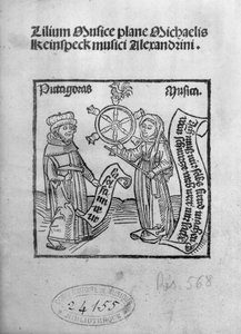 Pythagoras (ca. 580-500 v. Chr.) und Musik, Titelseite aus Lilium Musicae von Michael Keinspeck, Augsburg, veröffentlicht 1500 von German School