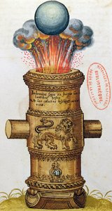 Erhöhte Kanone, die eine Kanonenkugel abfeuert, aus Die Kunst der Artillerie, 1570