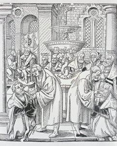 Reformatoren Martin Luther und Jan Hus spenden das Abendmahl von German School