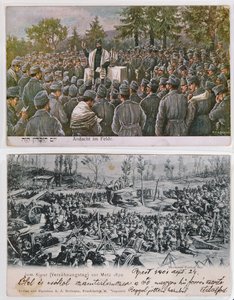Religiöse Dienste auf dem Schlachtfeld, oberes Bild zeigt deutsche jüdische Soldaten beim Gebet während des Ersten Weltkriegs, unten ein Jom-Kippur-Gottesdienst in Metz während des Deutsch-Französischen Krieges von 1870 (Farbstich)
