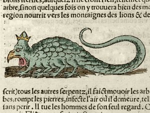 Darstellung des mythologischen Monsters Basilisk. Holzschnitt aus der Universal-Kosmographie von Sebastien Munster. Basel von German School