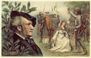 Richard Wagner und eine Szene aus seiner Oper Lohengrin