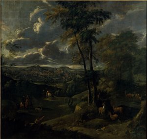 Reiter in einer Landschaft mit Stadt