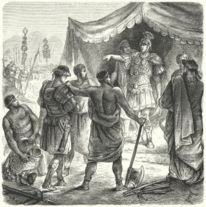 Römischer Konsul Titus Manlius Torquatus verurteilt seinen Sohn zum Tode, weil er seinen Posten im Kampf verlassen hat (Gravur) von German School