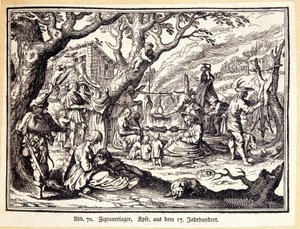 Ländliche Menschen im Mittelalter. Deutsche Gravur des 18. Jahrhunderts. Anonym. Bibl. der dekorativen Künste. von German School