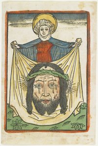 Die heilige Veronika mit dem Schweißtuch, ca. 1475 (handkolorierter Holzschnitt) von German School