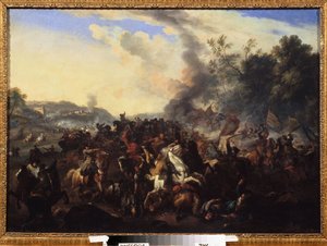Schlachtenszene. Reiter und Pferde im Kampf