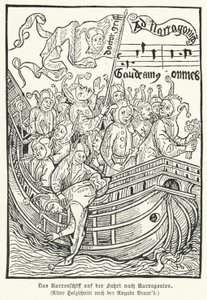 Szene aus Sebastian Brants satirischer Allegorie Narrenschiff von German School