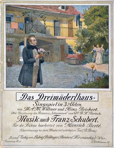 Partiturdeckblatt von Das Dreimäderlhaus, das Schubert vor dem Haus zeigt, 1916 von German School