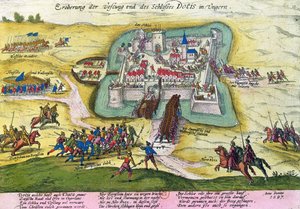 Belagerung der Burg von Tata im Jahr 1597 von German School