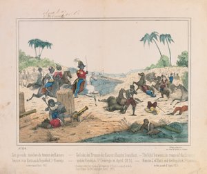Gefecht zwischen Truppen von Kaiser Faustin I. von Haiti und der Dominikanischen Republik Santo Domingo im April 1851, illustriertes Flugblatt, veröffentlicht von Fried. Schulz Verlag, Stuttgart, 1851 von German School
