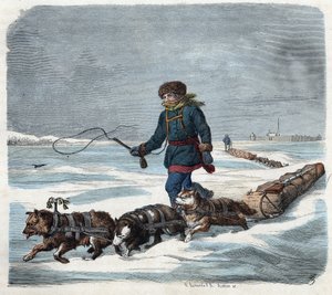 Schlittenhund im Schnee von Amerika. In „Wenn Jemand eine Reise tut, so kann er was erzählen“, deutsche Erzählung von Franz Wiedemann von German School
