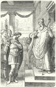 Der heilige Ambrosius verwehrt dem römischen Kaiser Theodosius I. den Eintritt in den Mailänder Dom als Strafe für das Massaker von Thessaloniki, 390 von German School