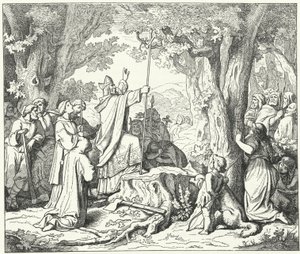 Der heilige Bonifatius fällt die Donareiche, die den heidnischen Deutschen heilig war (Gravur) von German School
