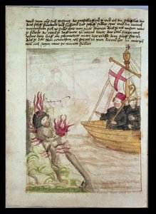 St. Brendan in seinem Schiff, aus der deutschen Übersetzung von Navigatio Sancti Brendani Abbatis, ca. 1476