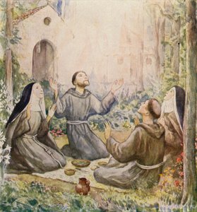 St. Franziskus und St. Klara von Assisi essen die Mahlzeit vor der Kirche St. Maria der Engel