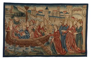 Wandteppichpanel mit der Begegnung von St. Ursula und Prinz Artherius in Mainz, aus dem Mittelrheingebiet, Ende des 15. Jahrhunderts (Wolle & Metallfaden)