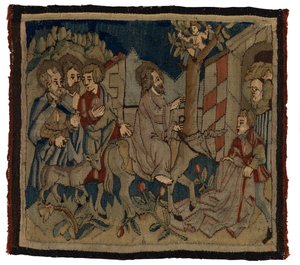 Wandteppichpanel mit Szenen aus der Passion von einem Antependium, aus dem Oberrheingebiet