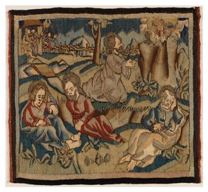 Wandteppichpanel mit Szenen aus der Passion von einem Antependium, aus dem Oberrheingebiet (Wolle & Leinen)