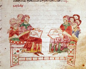 Lehrszene in einer Miniaturschule aus dem Band „de Gymnasium“ in „De Universo“ (oder De rerum naturis (Von der Natur der Dinge)) (cod. 132) von Rabanus Maurus Magnentius (oder Raban Maur oder Rabano Mauro) (ca. 780-856)