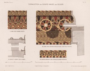 Terrakotta-Dekorationen aus dem Schatzhaus von Gela, Olympia, Griechenland (Farblithografie) von German School