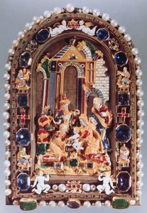 Die Anbetung der Könige, Reliefplatte mit Miniaturfiguren der vier Evangelisten und Putti, abwechselnd mit Saphiren, aus München