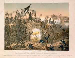 Die Schlacht von Dybboel im Zweiten Schleswig-Krieg, am 18. April 1864, veröffentlicht von Verlag A. Felgner, Berlin, 1864 von German School
