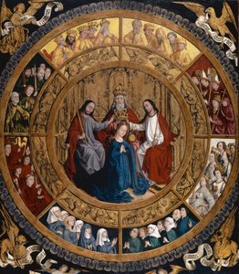 Die Krönung der Jungfrau, umgeben von Engeln und Heiligen, ca. 1470