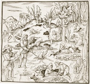 Die Wünschelrute, aus Bergwerk Buch von Georg Agricola, Frankfurt 1580, illustriert in einer Geschichte der Magie, veröffentlicht im späten 19. Jahrhundert von German School