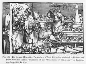Der deutsche Alchemist, aus Trost der Philosophie von Boethius, Illustration aus Wissenschaft und Literatur im Mittelalter und in der Renaissance, geschrieben und graviert von Paul Lacroix, 1878
