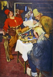 Der magische Tisch und der goldene Esel, Illustration eines Märchens der Brüder Grimm von German School
