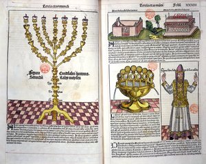 Die Menora und ein hebräischer Priester, aus der Nürnberger Chronik von Hartmann Schedel (1440-1514) 1493 von German School
