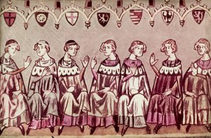 Die sieben Kurfürsten wählen Heinrich VII., Heiligen Römischen Kaiser, Illustration aus der Chronik von Heinrich VII. (Balduineum) 1341 von German School