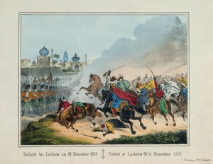 Die Belagerung von Lucknow in Uttar Pradesh während des Indischen Aufstands von 1857, illustriertes Flugblatt, veröffentlicht von P.C. Geissler, Nürnberg, 1857 von German School