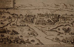 Die Belagerung von Zolnock durch die Türken 1552, Illustration aus einem Buch über die osmanischen Feldzüge in Europa, gestochen von Paul Furst