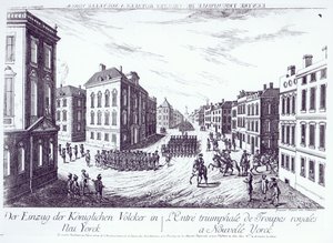 Der triumphale Einzug der königlichen Truppen in New York, 1776, graviert von Francois Xavier Habermann von German School
