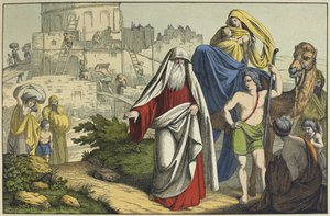 Der Bau des Turms von Babel, Illustration aus dem Alten Testament, veröffentlicht von Jakob Ferdinand Schreiber, Esslingen (Farbstich) von German School