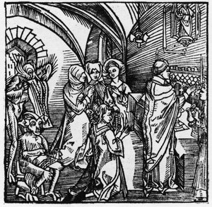 Die Teufel schreiben das Geschwätz der Händler während der Messe auf - in „Der Ritter von Turn“ von Ritter Marquard vom Stein 1498
